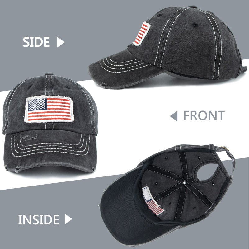 Pogah Distressed Ponytail Hat for Women American-Flag Pony Tail Caps High Bun Black - Image 3